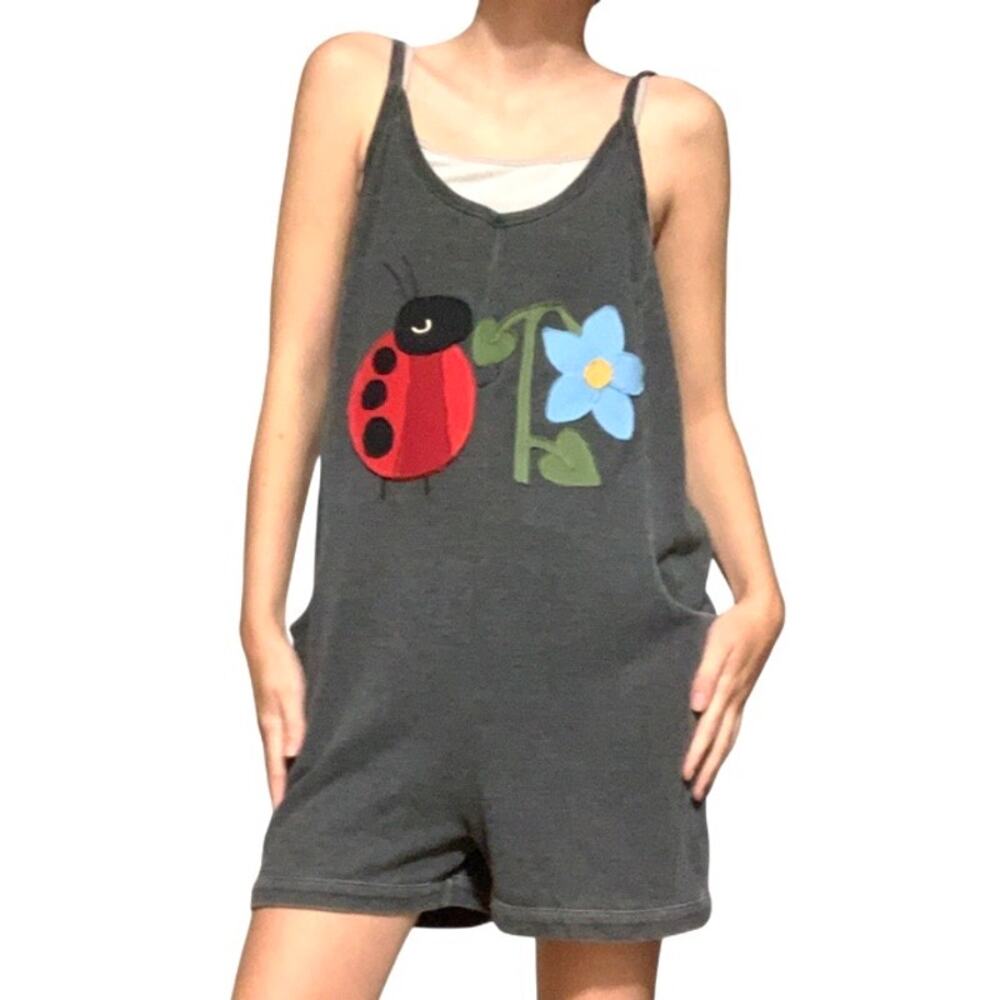 Custom Upcycled Ladybug Flower Patchwork Overall Romper – Medium